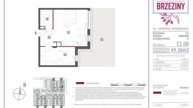 Rzut - Mieszkanie na sprzedaż 2 pokoje o powierzchni 49,36 m² - numer C1.08 w Miasteczko Brzeziny II