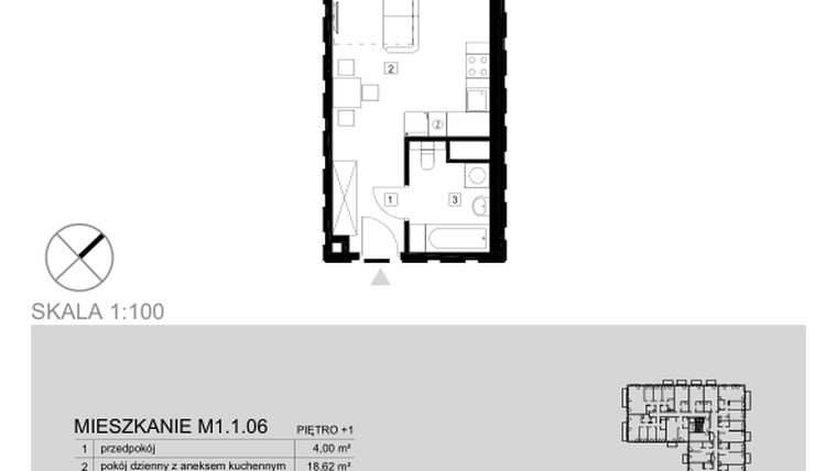 Rzut - Mieszkanie na sprzedaż 1 pokój o powierzchni 27,6 m² - numer M1.1.06 w Modern Helenów