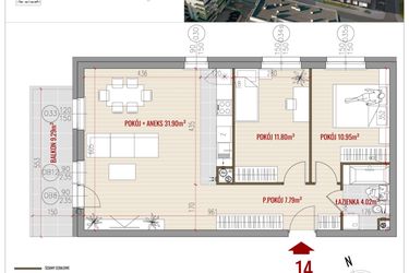 Rzut - Mieszkanie na sprzedaż 3 pokoje o powierzchni 66,46 m² - numer 14 w HUZAR B3