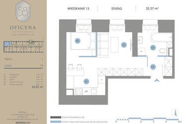 Rzut - Mieszkanie na sprzedaż 1 pokój o powierzchni 32,37 m² - numer 13 w Oficyna - Apartamenty Inwestycyjne Apart Hotel