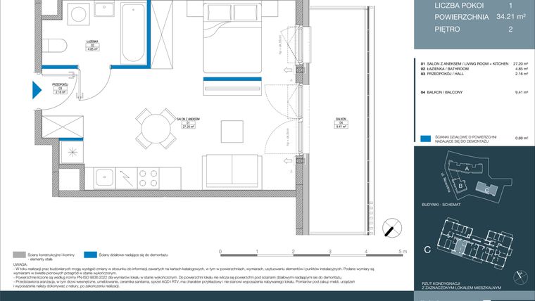 Rzut - Mieszkanie na sprzedaż 1 pokój o powierzchni 34,21 m² - numer C.1.3.3 w Meri Apartamenty