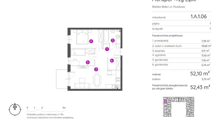 Rzut - Mieszkanie na sprzedaż 2 pokoje o powierzchni 52,43 m² - numer 1.A.1.06 w Murapol Trzy Lipki