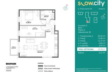 Rzut - Mieszkanie na sprzedaż 3 pokoje o powierzchni 69,33 m² - numer C1-35 w Slow City
