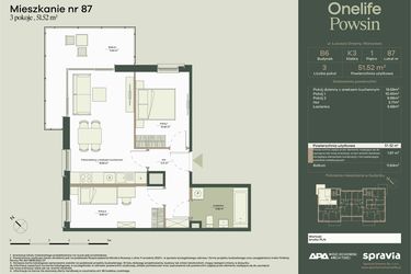 Rzut - Mieszkanie na sprzedaż 3 pokoje o powierzchni 51,52 m² - numer B6/87 w Onelife Powsin