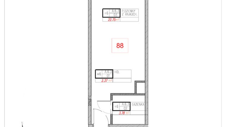 Rzut - Mieszkanie na sprzedaż 1 pokój o powierzchni 28,9 m² - numer A6.3 w Rezydencja Ogród Saski etap I i II