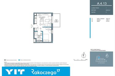 Rzut - Mieszkanie na sprzedaż 1 pokój o powierzchni 30,62 m² - numer A.4.13 w Rakoczego 17