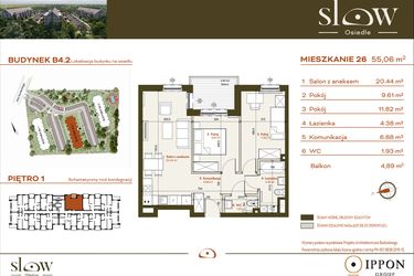 Rzut - Mieszkanie na sprzedaż 3 pokoje o powierzchni 55,06 m² - numer B4.2.26 w Osiedle SLOW