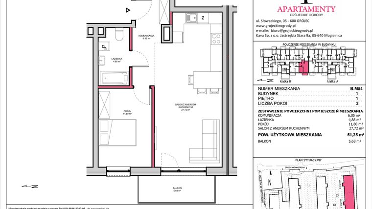 Rzut - Mieszkanie na sprzedaż 2 pokoje o powierzchni 51,25 m² - numer B.54 w Apartamenty Grójeckie Ogrody
