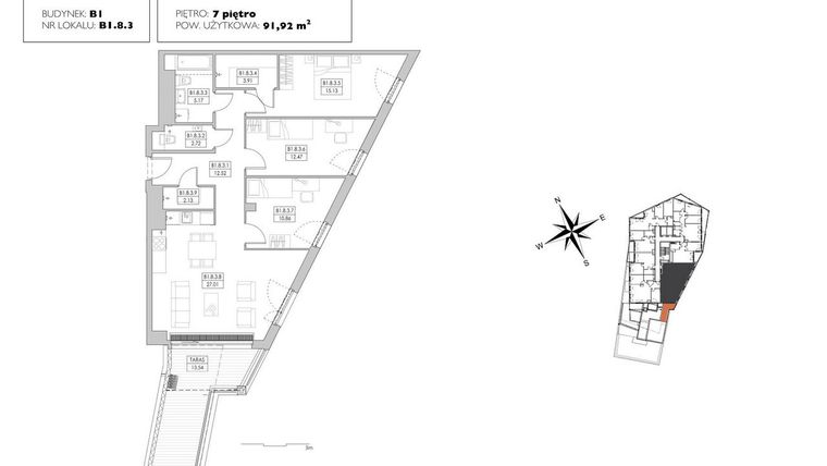 Rzut - Mieszkanie na sprzedaż 4 pokoje o powierzchni 91,92 m² - numer B1.8.3 w Alvarium 2.0