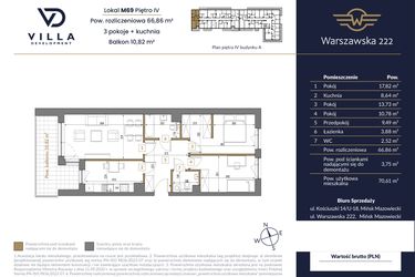 Rzut - Mieszkanie na sprzedaż 3 pokoje o powierzchni 66,86 m² - numer 69A w Warszawska 222