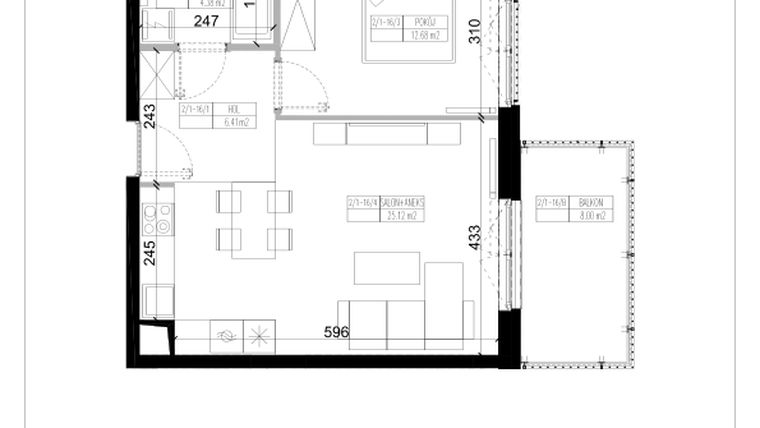 Rzut - Mieszkanie na sprzedaż 2 pokoje o powierzchni 48,59 m² - numer 1.16 w Ogrody Wiślane etap VI