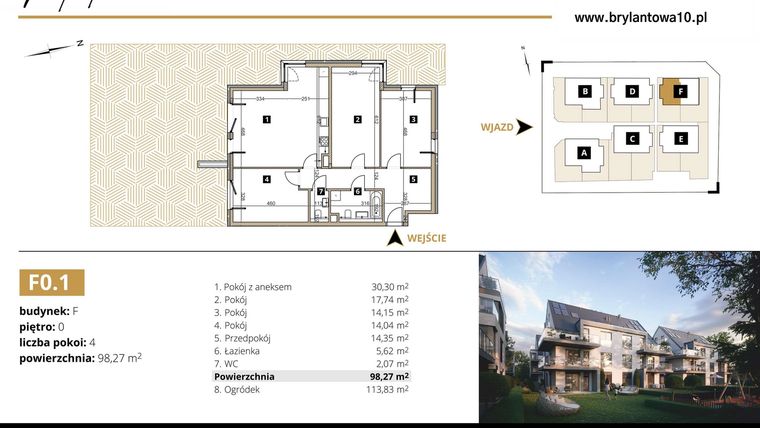 Rzut - Mieszkanie na sprzedaż 4 pokoje o powierzchni 98,27 m² - numer F0.1 w Brylantowa 10