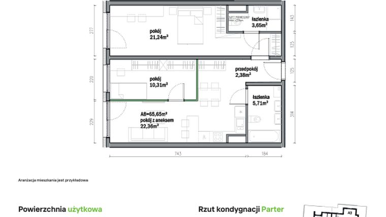 Rzut - Mieszkanie na sprzedaż 3 pokoje o powierzchni 65,65 m² - numer A08 w Traugutta Vita