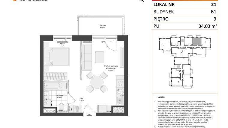 Rzut - Mieszkanie na sprzedaż 1 pokój o powierzchni 34,03 m² - numer 21 w Locus 2