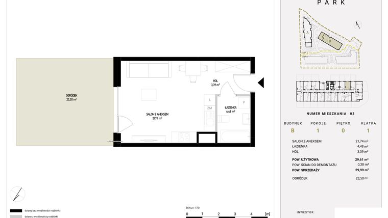 Rzut - Mieszkanie na sprzedaż 1 pokój o powierzchni 29,99 m² - numer B1.3 w Witosa Park