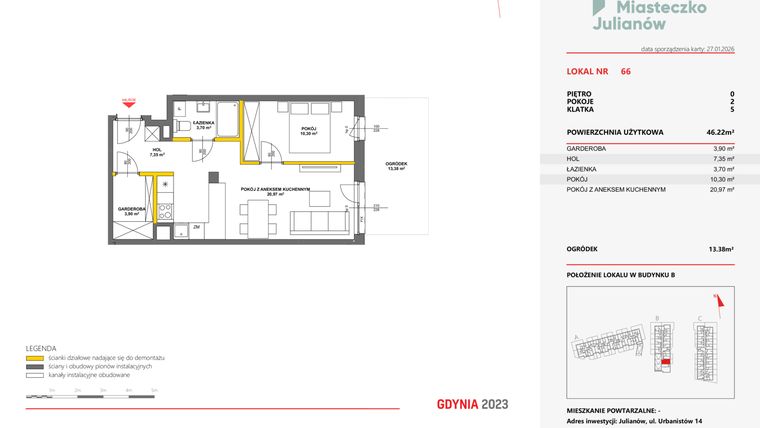 Rzut - Mieszkanie na sprzedaż 2 pokoje o powierzchni 45,94 m² - numer 66 w Miasteczko Julianów