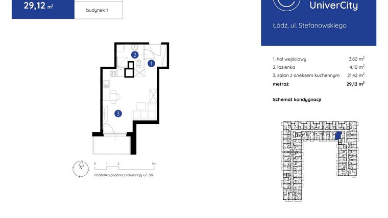 Rzut - Mieszkanie na sprzedaż 1 pokój o powierzchni 29,12 m² - numer 1.C.5.01 w Murapol UniverCity