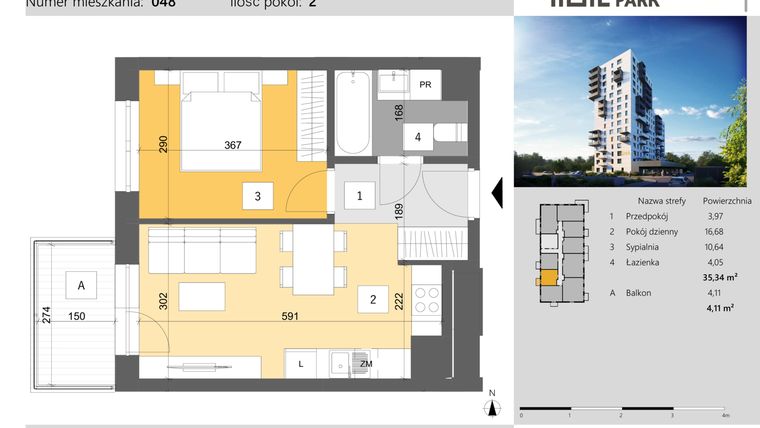 Rzut - Mieszkanie na sprzedaż 2 pokoje o powierzchni 35,34 m² - numer 48 w Dworzysko Park - Etap III