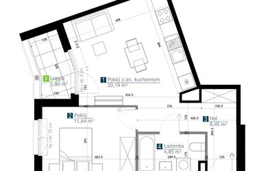 Rzut - Mieszkanie na sprzedaż 2 pokoje o powierzchni 45,13 m² - numer AA0204 w M Bemowo 3