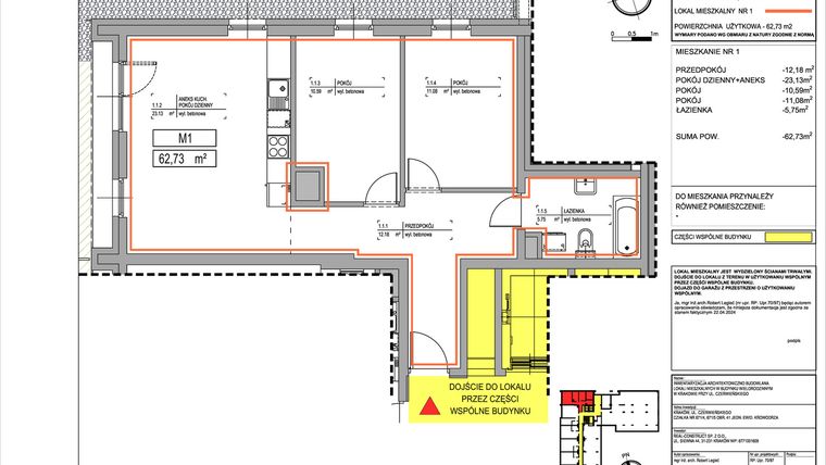 Rzut - Mieszkanie na sprzedaż 3 pokoje o powierzchni 62,73 m² - numer 3.1 w Czerwieńskiego 3