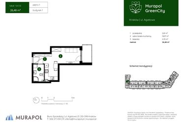 Rzut - Mieszkanie na sprzedaż 1 pokój o powierzchni 26,48 m² - numer 1.A.1.12 w Murapol GreenCity bud. 1