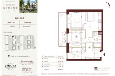 Rzut - Mieszkanie na sprzedaż 3 pokoje o powierzchni 49,83 m² - numer G.M.2.02 w Sereno Park