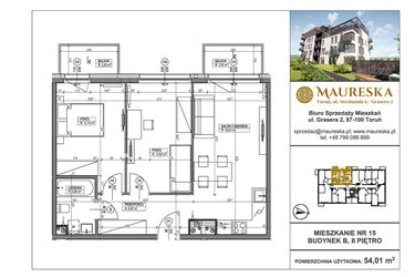 Rzut - Mieszkanie na sprzedaż 3 pokoje o powierzchni 54,01 m² - numer B.15 w Osiedle Maureska