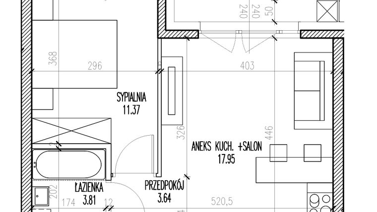 Rzut - Mieszkanie na sprzedaż 2 pokoje o powierzchni 36,77 m² - numer 551 w Aura Sky etap II