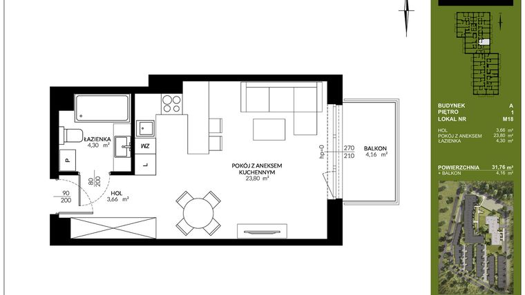 Rzut - Mieszkanie na sprzedaż 1 pokój o powierzchni 31,76 m² - numer A_M18 w Triton Kampinos III