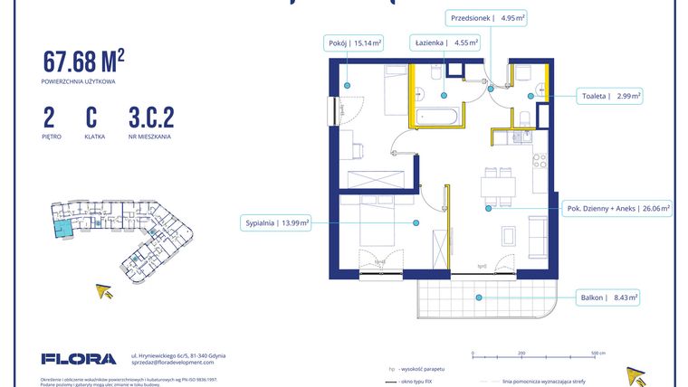 Rzut - Mieszkanie na sprzedaż 3 pokoje o powierzchni 67,68 m² - numer 3.C.2 w Piotra 4