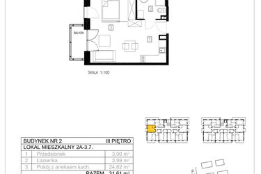 Rzut - Mieszkanie na sprzedaż 1 pokój o powierzchni 31,58 m² - numer 2A-3.7 w Gardenia Pogodno