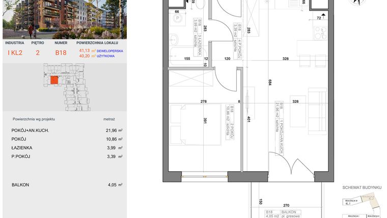 Rzut - Mieszkanie na sprzedaż 2 pokoje o powierzchni 40,2 m² - numer I-B18 w Industria etap I-B