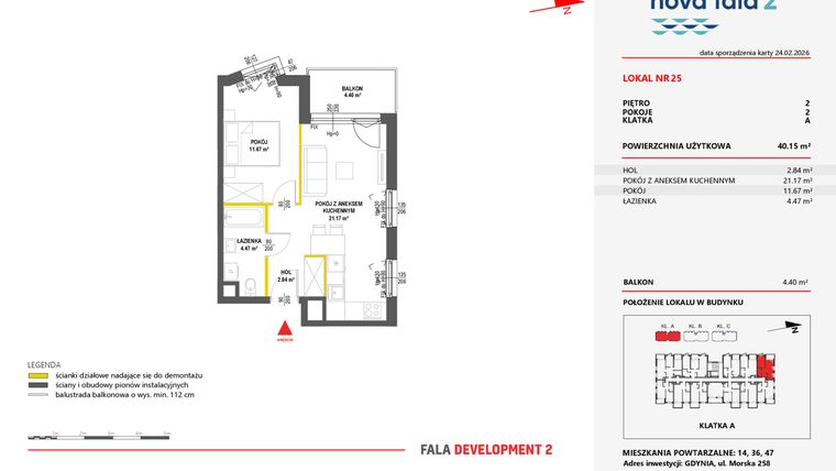 Rzut - Mieszkanie na sprzedaż 2 pokoje o powierzchni 40,15 m² - numer 25 w Miasteczko Nova Fala 2