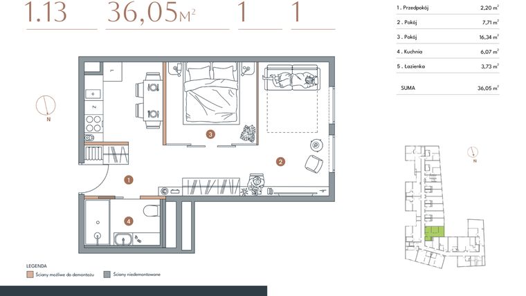 Rzut - Mieszkanie na sprzedaż 1 pokój o powierzchni 36,05 m² - numer 1.13 w Starowiejska 3