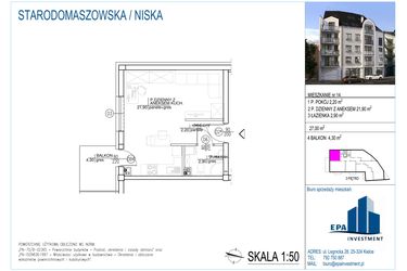 Rzut - Mieszkanie na sprzedaż 1 pokój o powierzchni 27 m² - numer 14 w Kamienica przy ul. Starodomaszowskiej