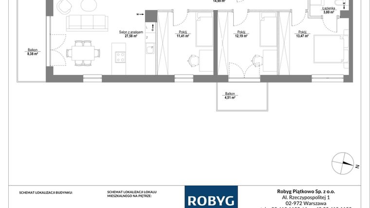 Rzut - Mieszkanie na sprzedaż 4 pokoje o powierzchni 91,41 m² - numer 3M01 w Piątkowo Residence