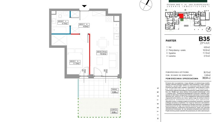 Rzut - Mieszkanie na sprzedaż 2 pokoje o powierzchni 38,15 m² - numer B035 w Grunwald Między Drzewami etap II
