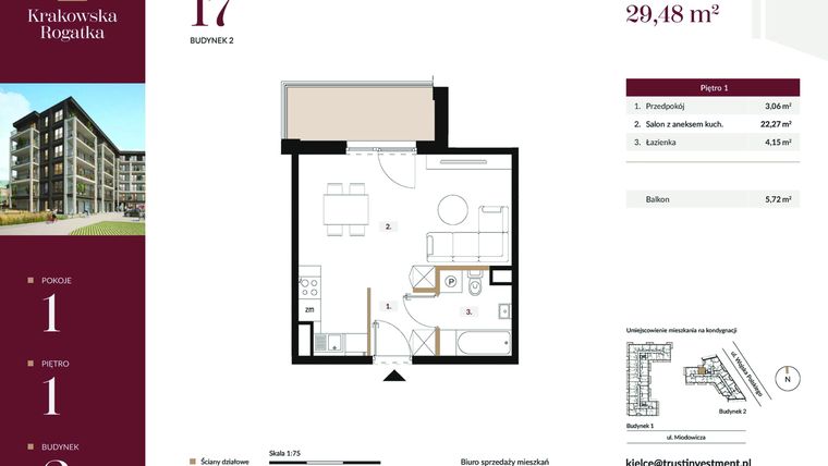 Rzut - Mieszkanie na sprzedaż 1 pokój o powierzchni 29,48 m² - numer 2.M17 w Krakowska Rogatka