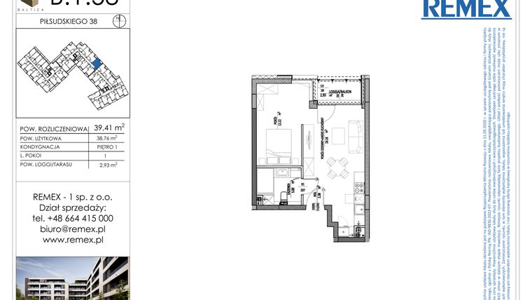 Rzut - Mieszkanie na sprzedaż 1 pokój o powierzchni 39,41 m² - numer B.1.58 w Osiedle BALTICA