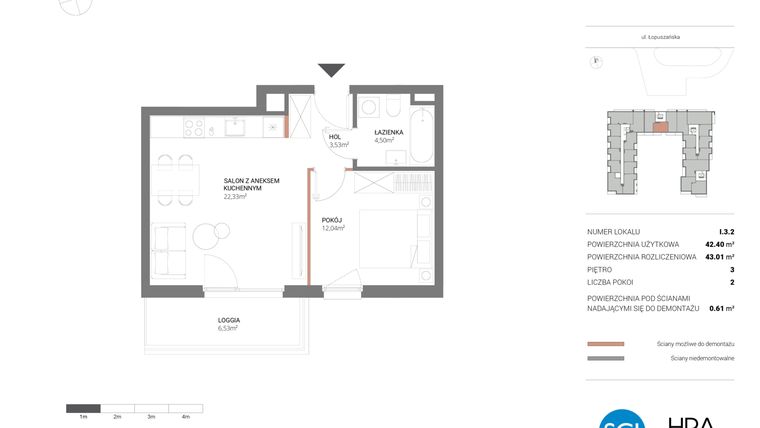 Rzut - Mieszkanie na sprzedaż 2 pokoje o powierzchni 43,01 m² - numer I.3.2 w Łopuszańska 47 - etap 3