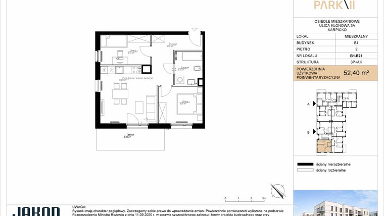 Rzut - Mieszkanie na sprzedaż 3 pokoje o powierzchni 52,4 m² - numer B1.B21 w Merano Park II