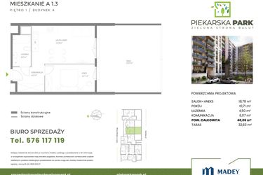 Rzut - Mieszkanie na sprzedaż 2 pokoje o powierzchni 40,06 m² - numer A1.3 w Piekarska Park