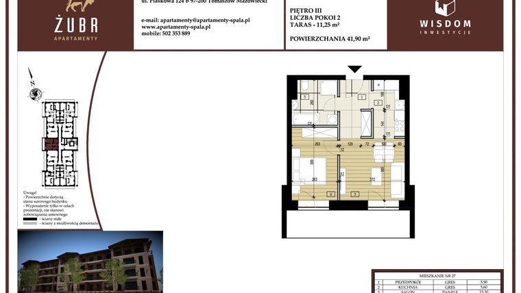 Rzut - Mieszkanie na sprzedaż 2 pokoje o powierzchni 41,9 m² - numer M-27 w Żubr Apartamenty