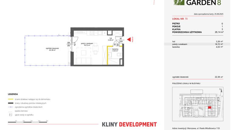Rzut - Mieszkanie na sprzedaż 1 pokój o powierzchni 26,14 m² - numer 70 w Nova Viva Garden 8