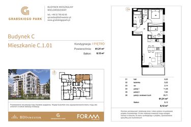 Rzut - Mieszkanie na sprzedaż 3 pokoje o powierzchni 61,31 m² - numer C.1.01 w Grabskiego Park