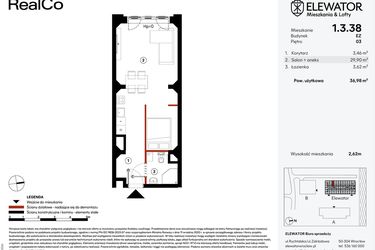 Rzut - Mieszkanie na sprzedaż 1 pokój o powierzchni 36,98 m² - numer EZ.1.3.38 w Elewator - Mieszkania i Lofty