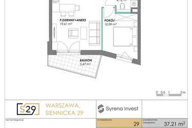 Rzut - Mieszkanie na sprzedaż 2 pokoje o powierzchni 37,21 m² - numer 29 w Siennicka 29