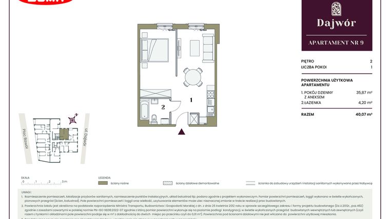 Rzut - Mieszkanie na sprzedaż 1 pokój o powierzchni 40,07 m² - numer 9 w Dajwór