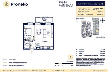 Rzut - Mieszkanie na sprzedaż 2 pokoje o powierzchni 50,97 m² - numer C76 w Osiedle Kompas