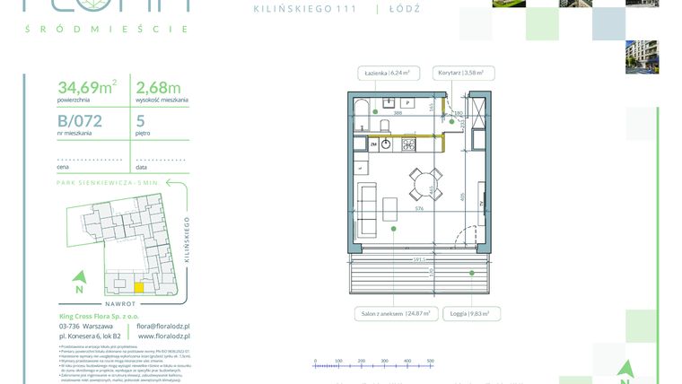 Rzut - Mieszkanie na sprzedaż 1 pokój o powierzchni 34,69 m² - numer B.72 w Flora Śródmieście